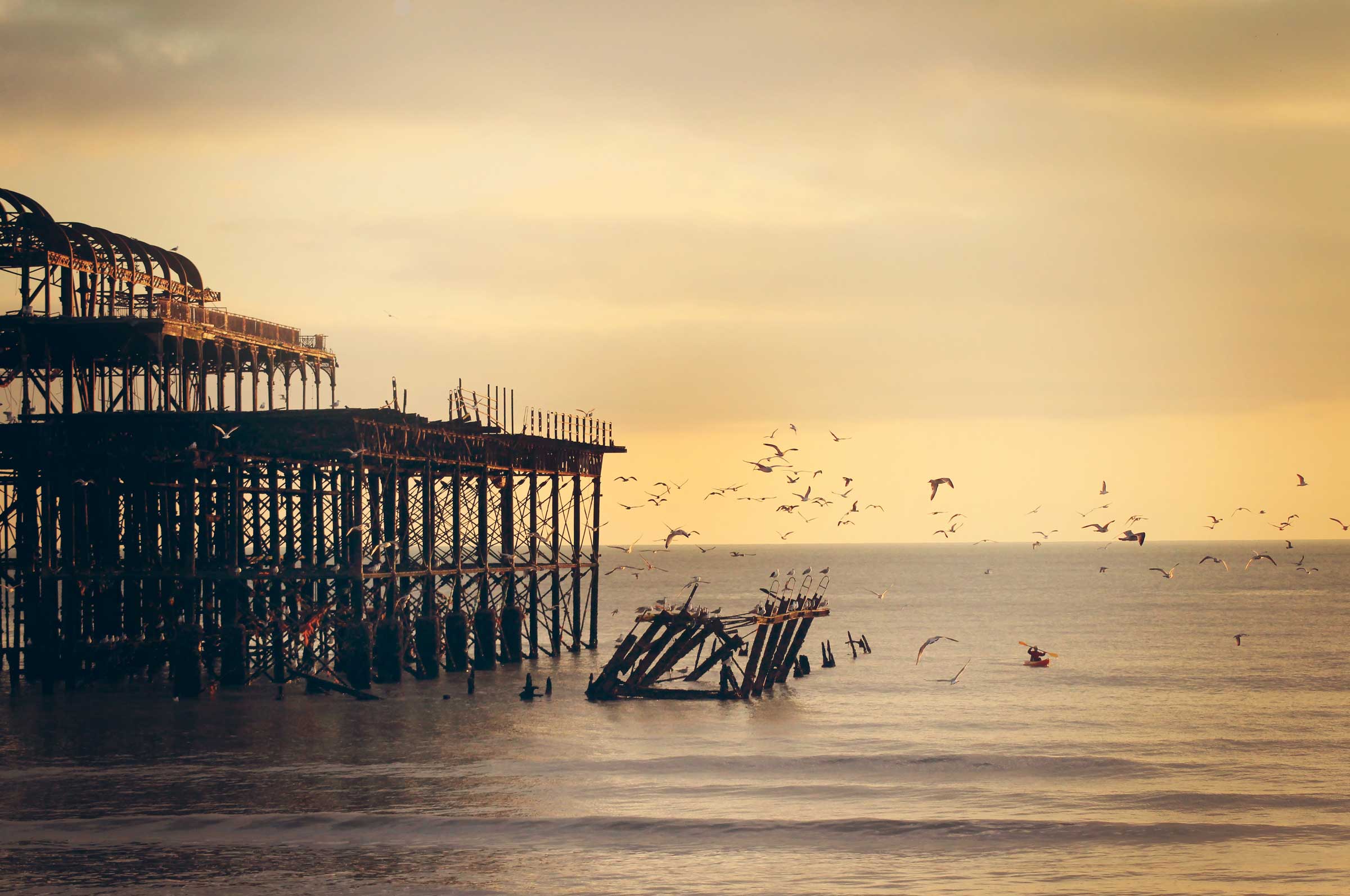 A pier with seagulls.